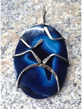 Blue Agate Pendant With Abstract Silver Wire Wrap Design Oval Shape Handmade